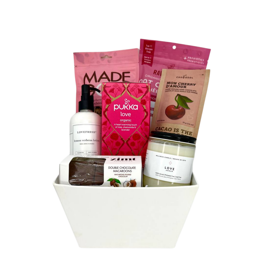 Nut free treats and self-care products in a gift basket